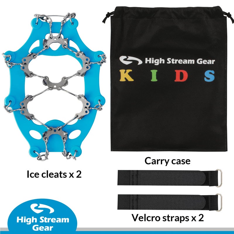 High Stream Gear أحذية ثلج للأطفال - مسامير ثلجية لأحذية المشي مع 14 مسمار من الفولاذ المقاوم للصدأ، قبضة مضادة للانزلاق للأولاد والبنات، أحذية ثلجية للمشي والتسلق (متوسط، أزرق) - Image 5